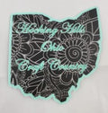 The Hocking Hills Store Ohio Craft Country bumper sticker, black with floral pattern and mint green border.