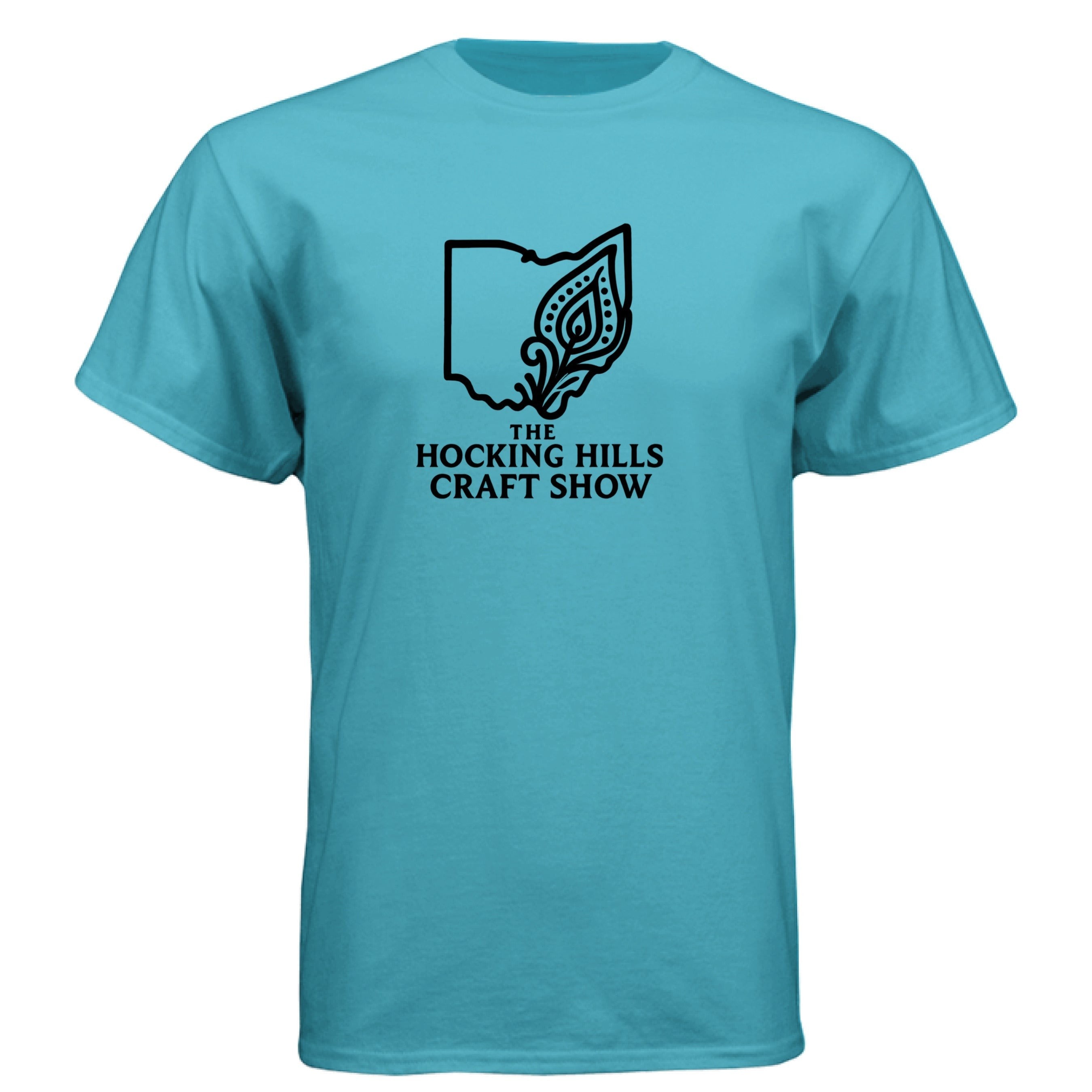 The Hocking Hills Store teal t-shirt with black Ohio outline and craft show logo. Comfortable cotton tee.