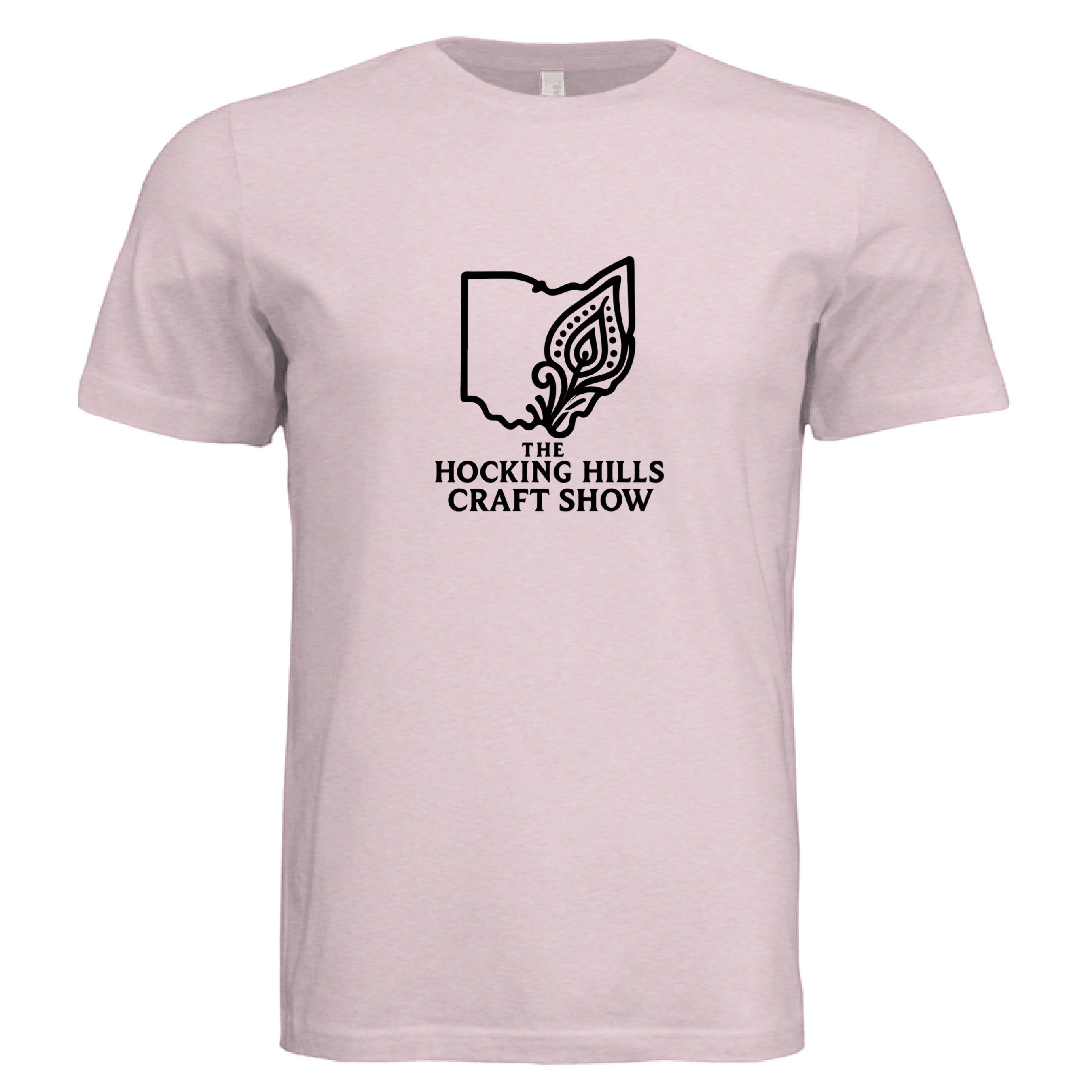 The Hocking Hills Store unisex tri-blend t-shirt in light pink with a black outline of Ohio and decorative element. Short sleeves, crew neck.