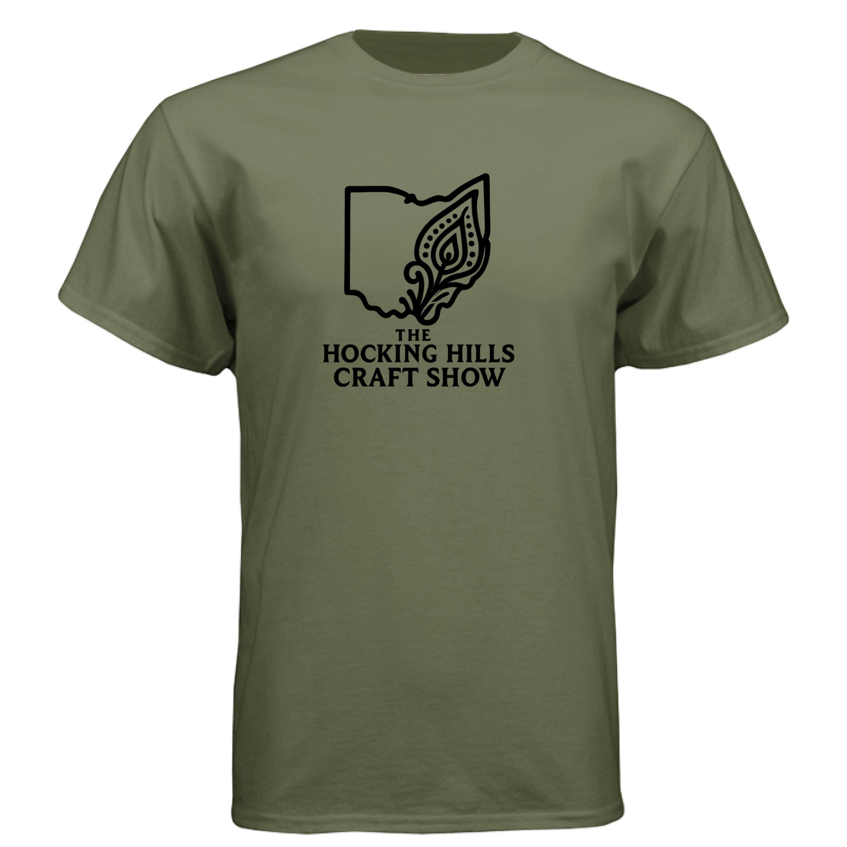 The Hocking Hills Store olive green t-shirt with black Hocking Hills Craft Show Ohio outline graphic.