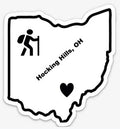 The Hocking Hills Store Ohio hiker bumper sticker with heart marking Hocking Hills. Durable vinyl.