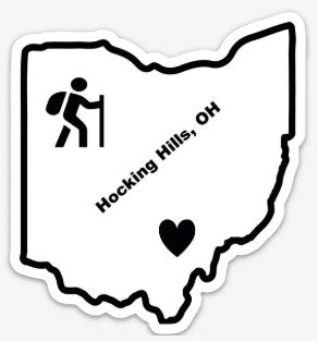 The Hocking Hills Store Ohio hiker bumper sticker with heart marking Hocking Hills. Durable vinyl.