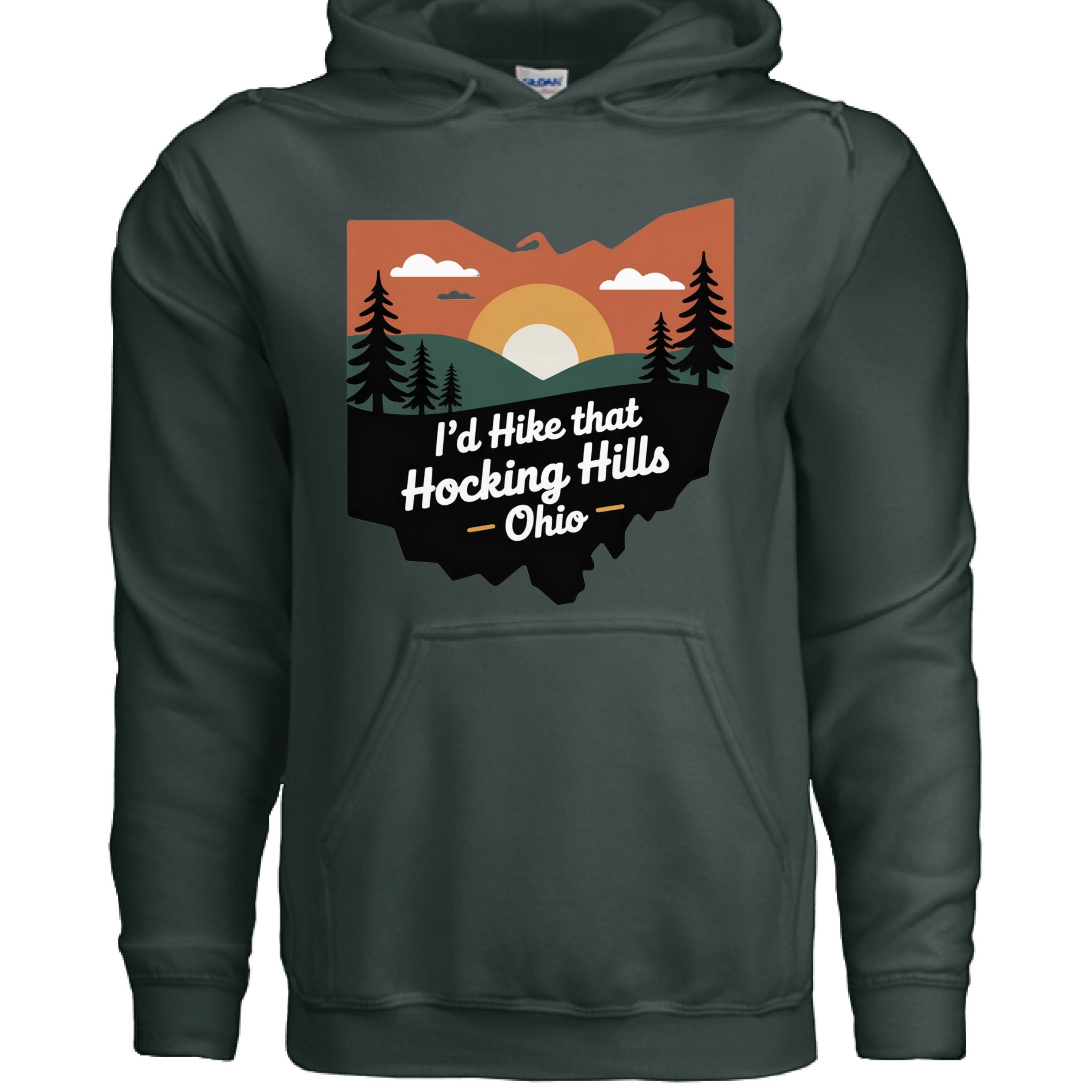 The Hocking Hills Store dark grey cotton blend hoodie with a graphic of Ohio featuring trees, mountains, and a sunset. Text reads "I'd Hike that Hocking Hills - Ohio."