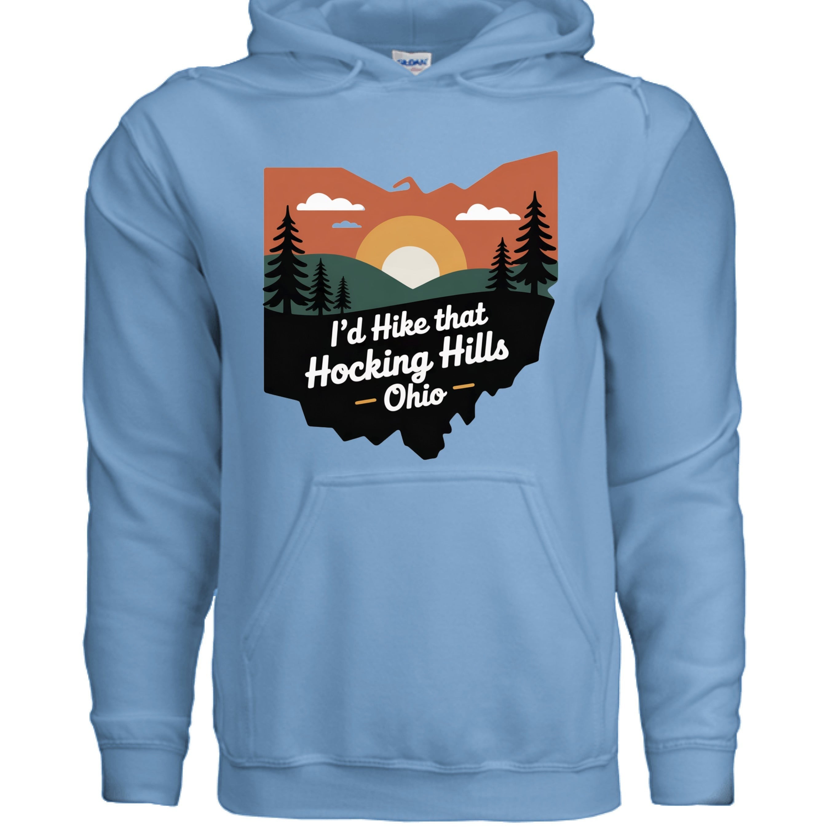 The Hocking Hills Store light blue cotton blend hoodie with a graphic of Ohio featuring trees, mountains, and sunset with text "I'd Hike that Hocking Hills - Ohio".