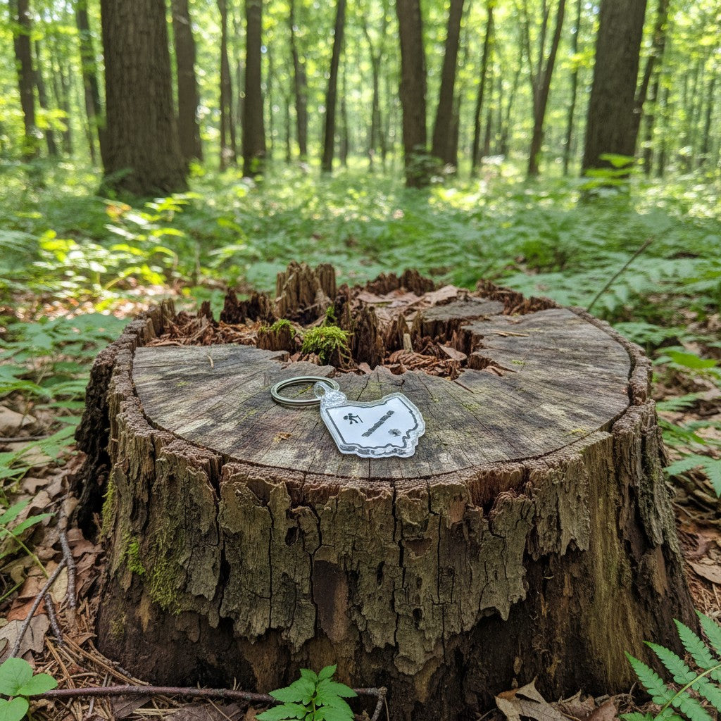 The Hocking Hills Store Ohio outline keychain with hiker graphic and tree silhouette, durable acrylic.
