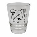 The Hocking Hills Store Ohio shot glass featuring a hiker icon and "Hocking Hills, OH" text. Clear glass.