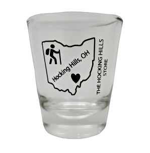 The Hocking Hills Store Ohio shot glass with hiking graphic and heart.