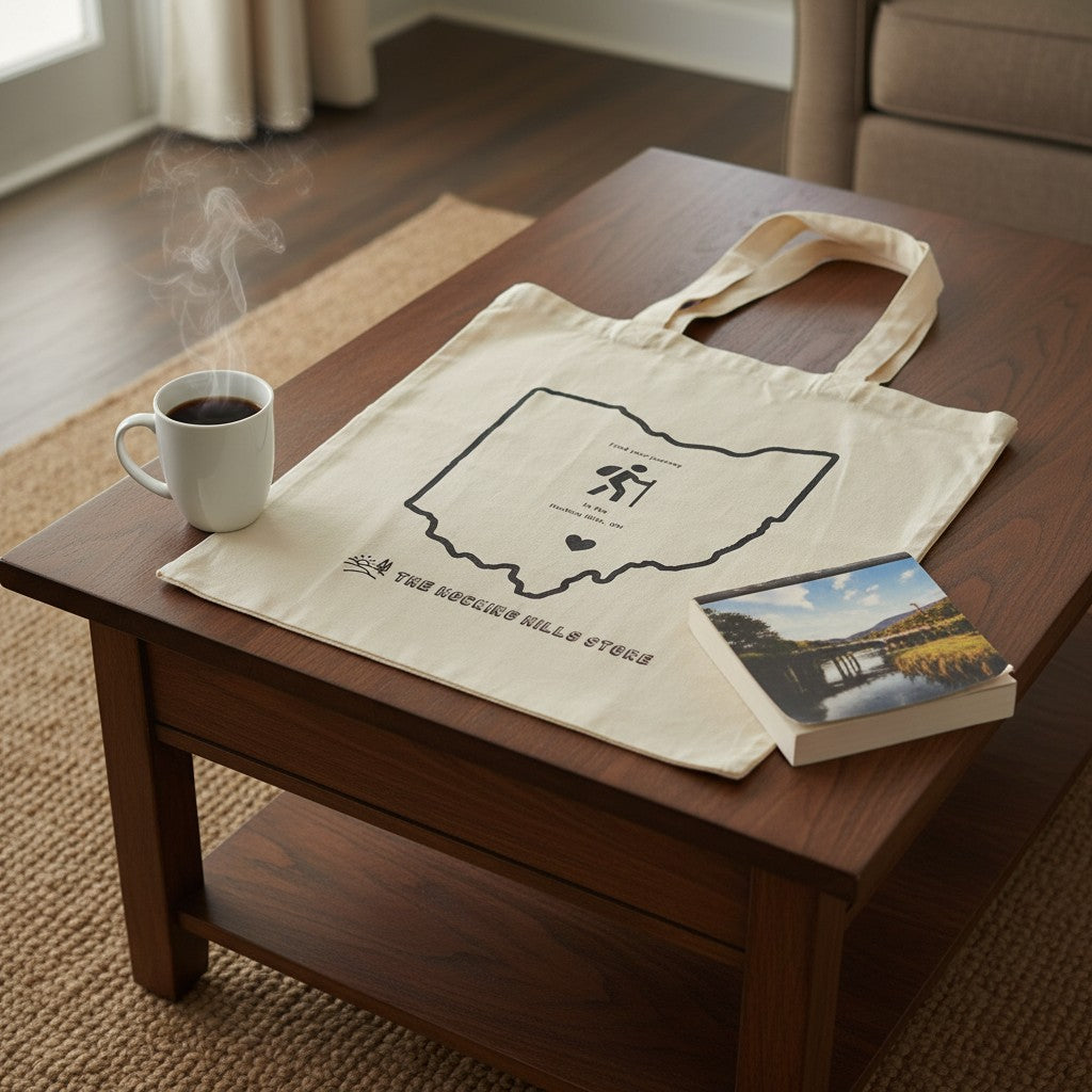 The Hocking Hills Store natural canvas tote bag with Ohio outline graphic and hiking icon.