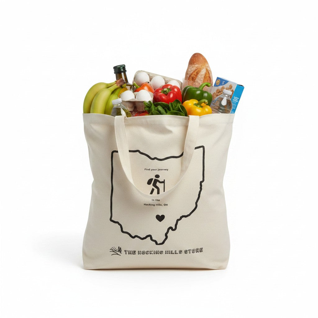 The Hocking Hills Store natural canvas tote bag with Ohio outline graphic, hiker icon, and "Find Your Journey" text.