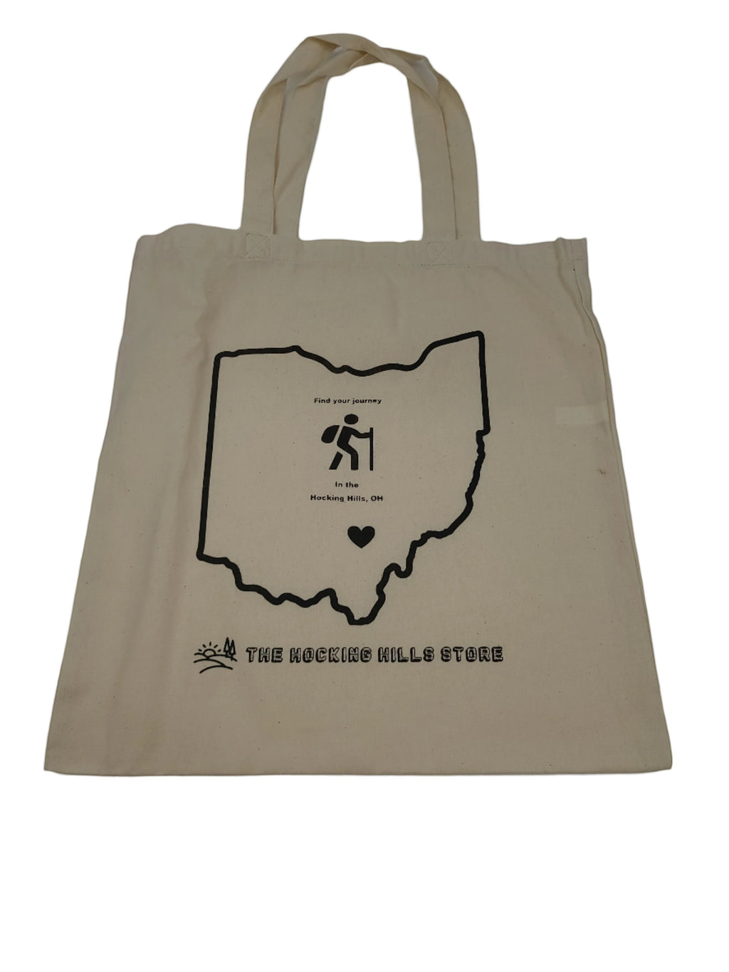 The Hocking Hills Store natural canvas tote bag with Ohio outline graphic and hiking icon.