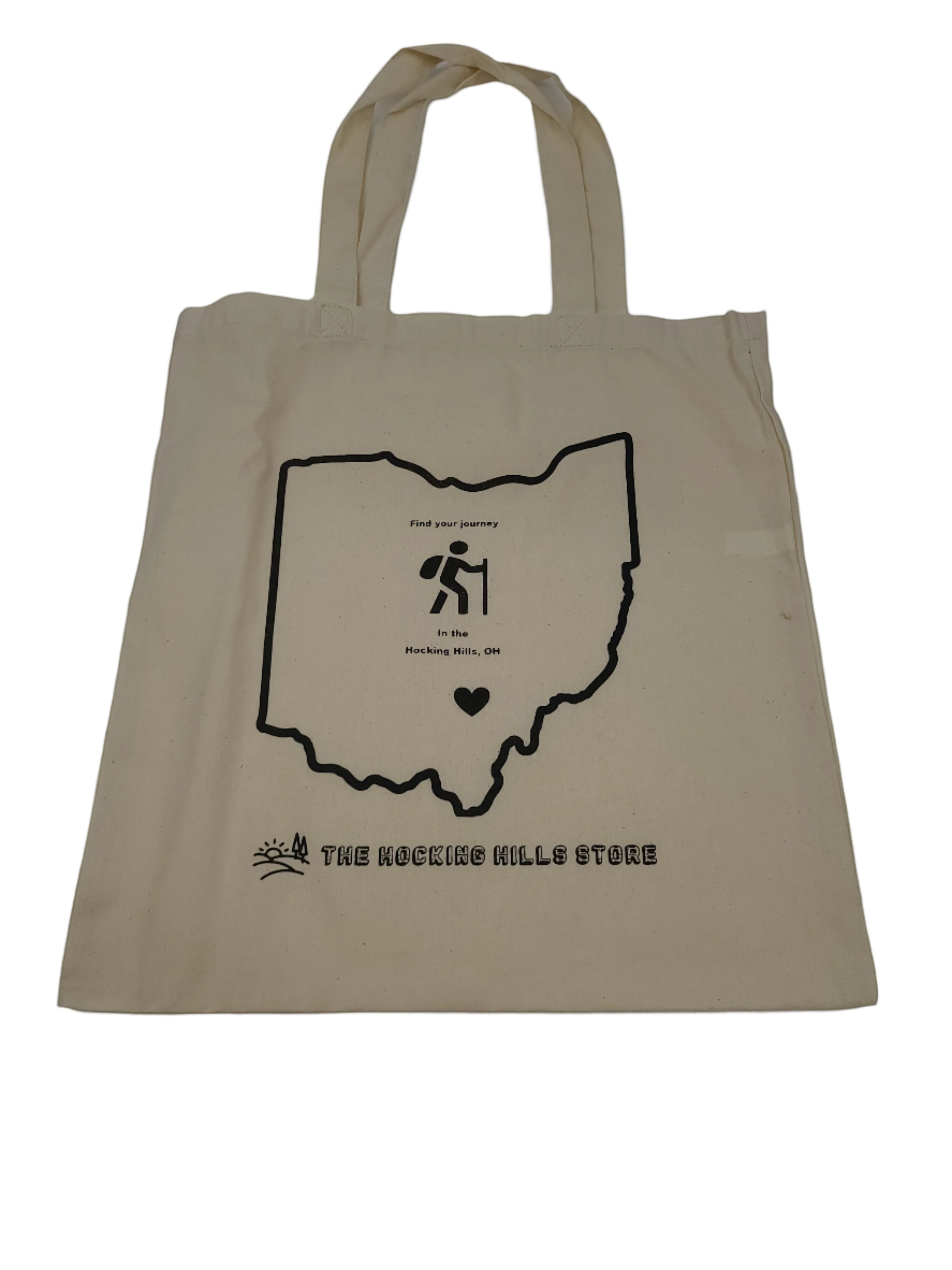The Hocking Hills Store natural canvas tote bag with Ohio outline graphic and hiking icon.
