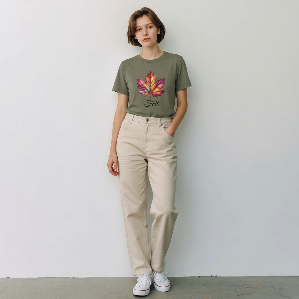 The Hocking Hills Store olive green crewneck t-shirt with a vibrant maple leaf graphic and Fall script lettering.