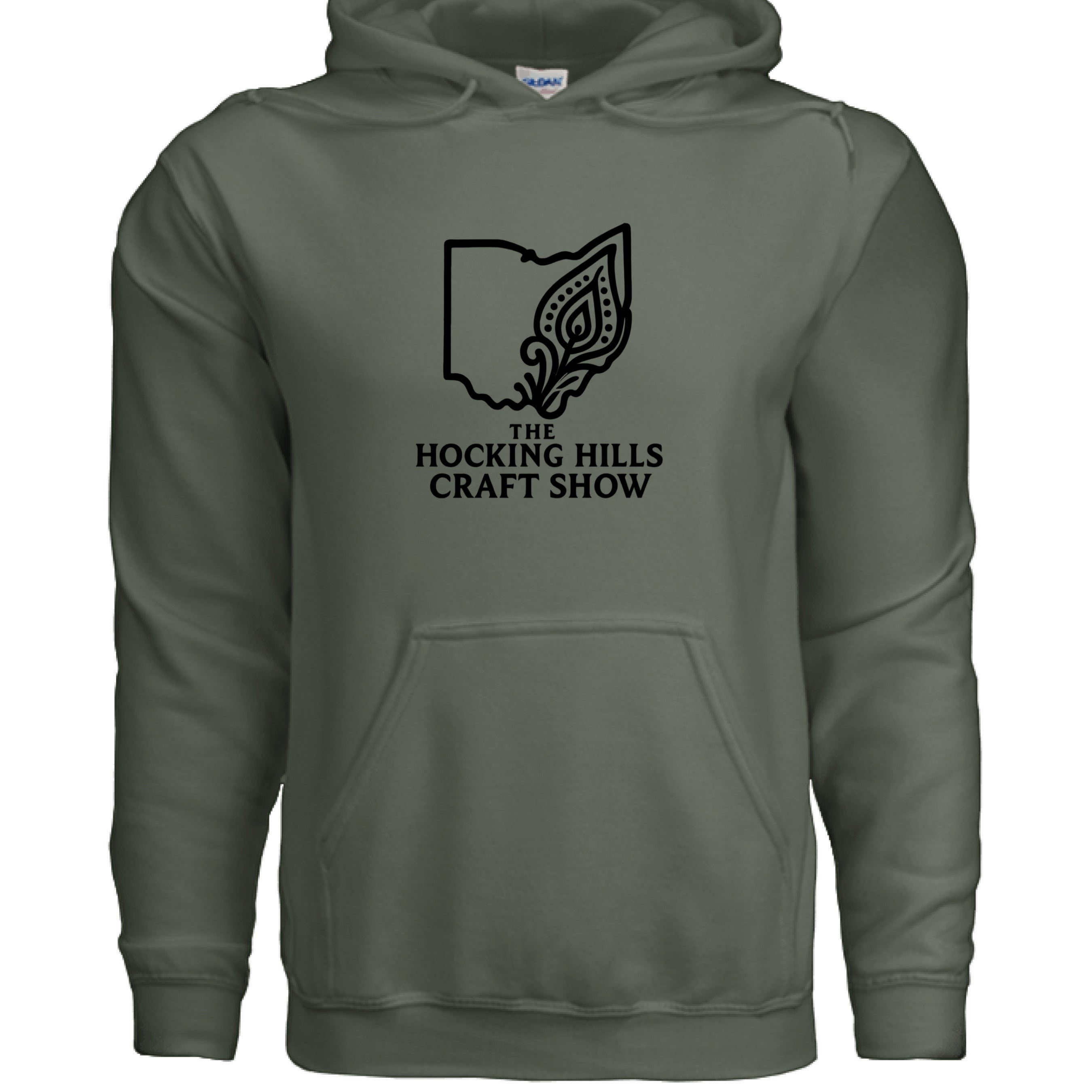 The Hocking Hills Store olive green cotton blend hoodie with "The Hocking Hills Craft Show" logo.
