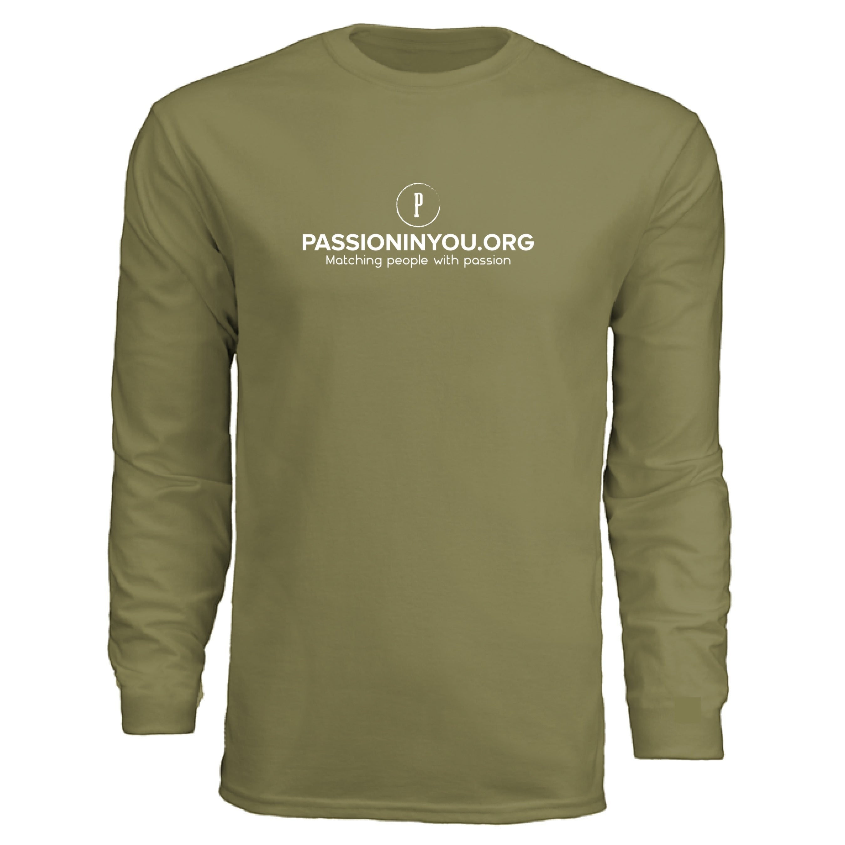 The Hocking Hills Store olive green long-sleeve t-shirt with "PASSIONINYOU.ORG" logo on the chest. Made of 100% polyester with UV protection.