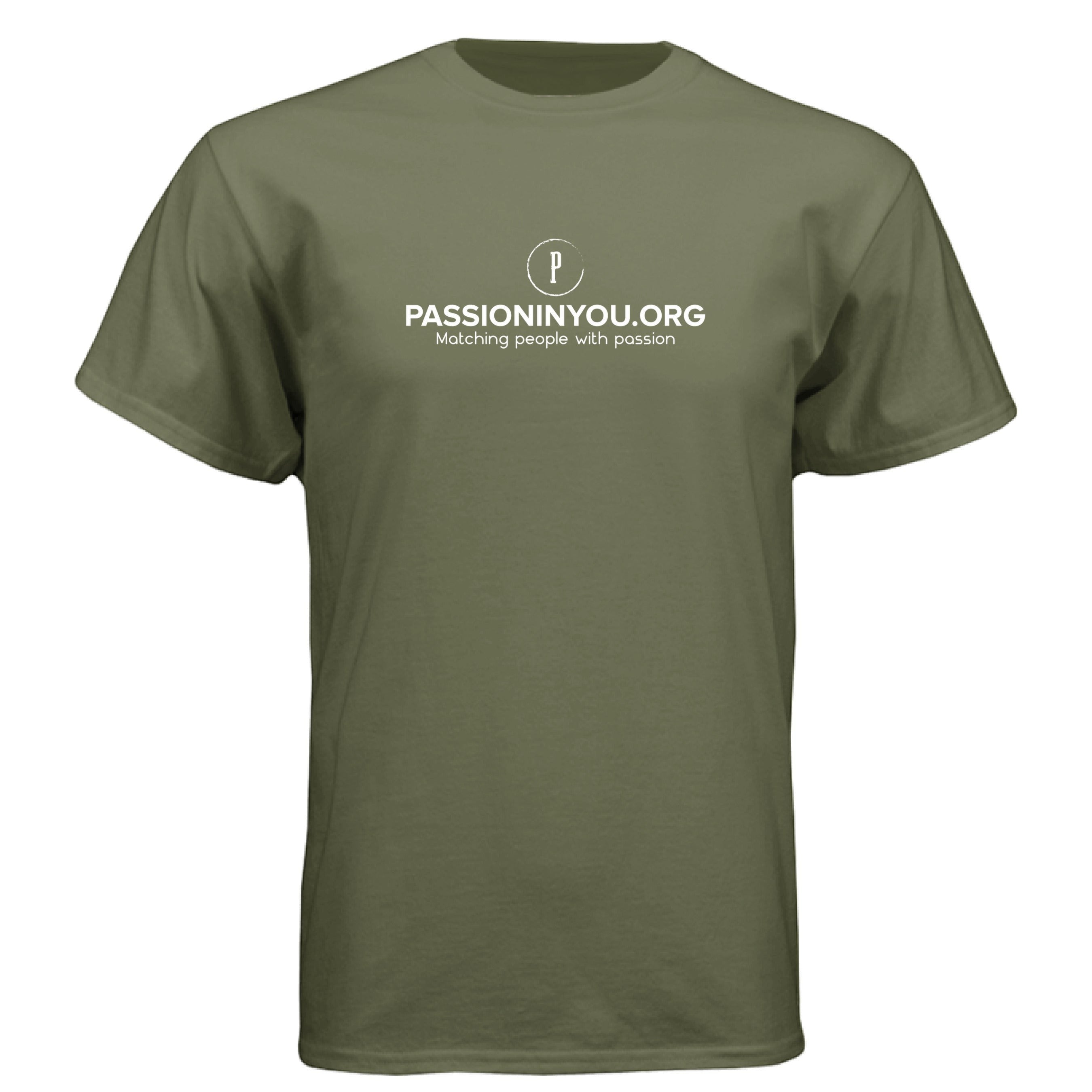 The Hocking Hills Store olive green short-sleeve t-shirt with Passioninyou.org logo and tagline.