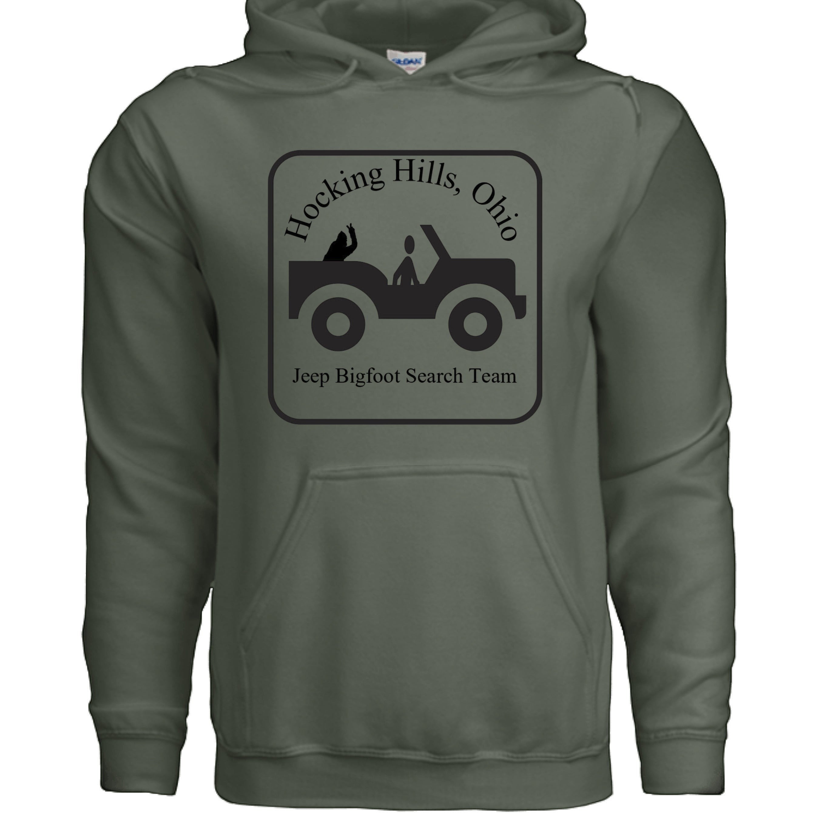 The Hocking Hills Store olive green cotton blend hoodie with a black graphic of a Jeep and text reading "Hocking Hills, Ohio Jeep Bigfoot Search Team".