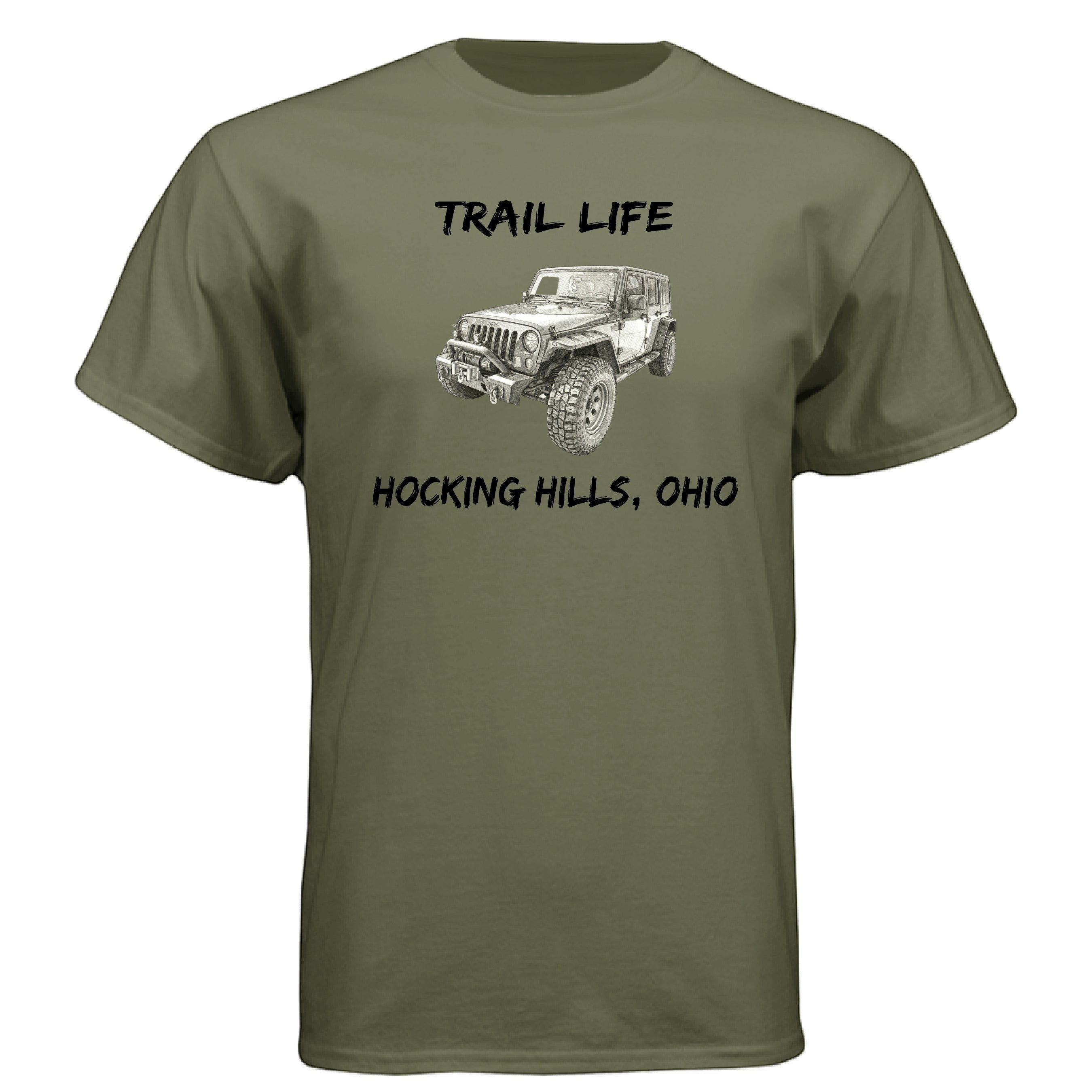 The Hocking Hills Store olive green cotton blend t-shirt with a Jeep graphic and "Trail Life Hocking Hills, Ohio" text.