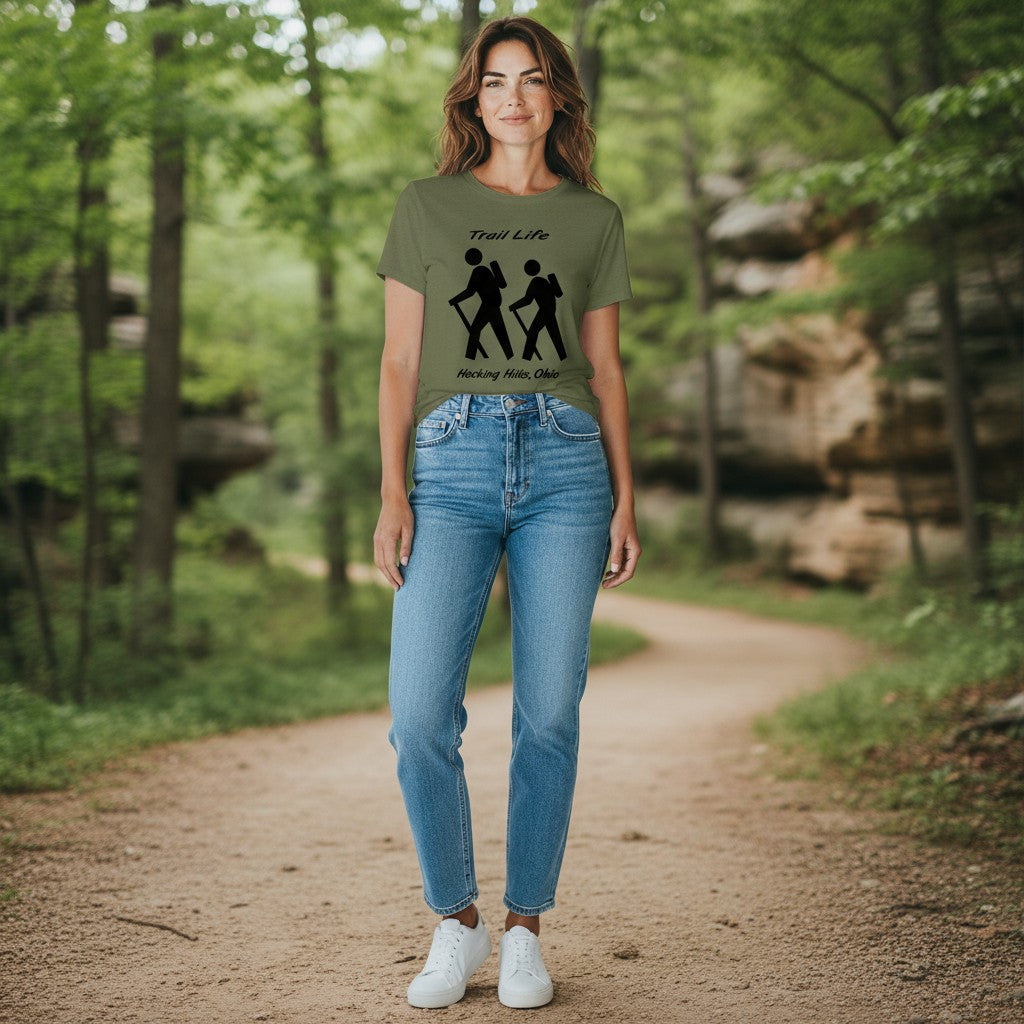 The Hocking Hills Store olive green tri-blend t-shirt with black graphic of two hikers and text "Trail Life Hocking Hills, Ohio".