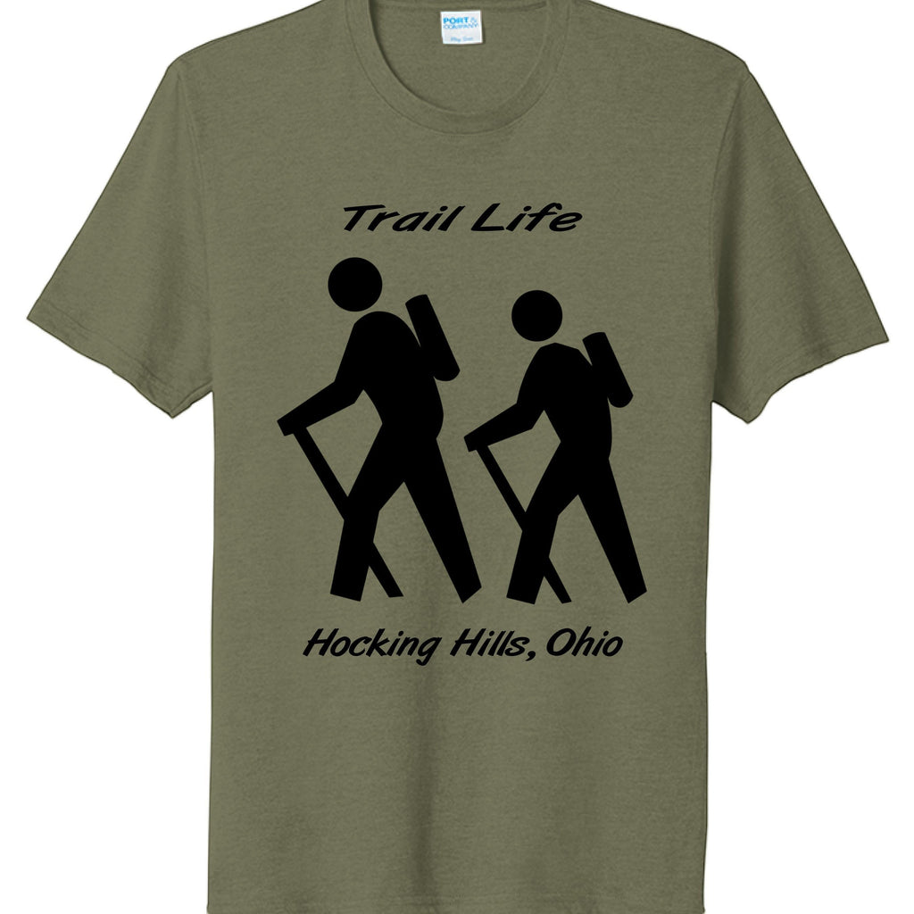 The Hocking Hills Store olive green tri-blend t-shirt with black "Trail Life" graphic and hikers.
