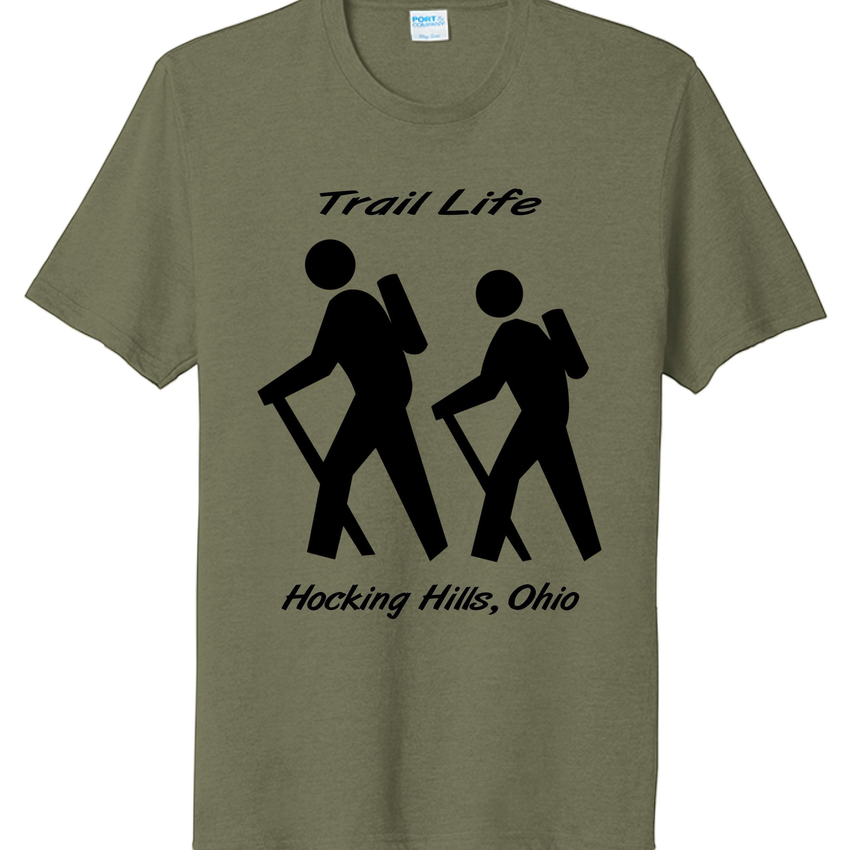 The Hocking Hills Store olive green tri-blend t-shirt with black "Trail Life" graphic and hikers.