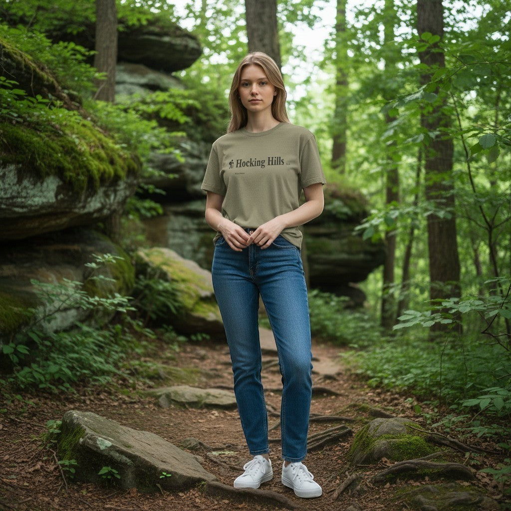 The Hocking Hills Store Brand olive green tri-blend tee with a hiker graphic and text that reads "Hocking Hills Brand Get you hike on."