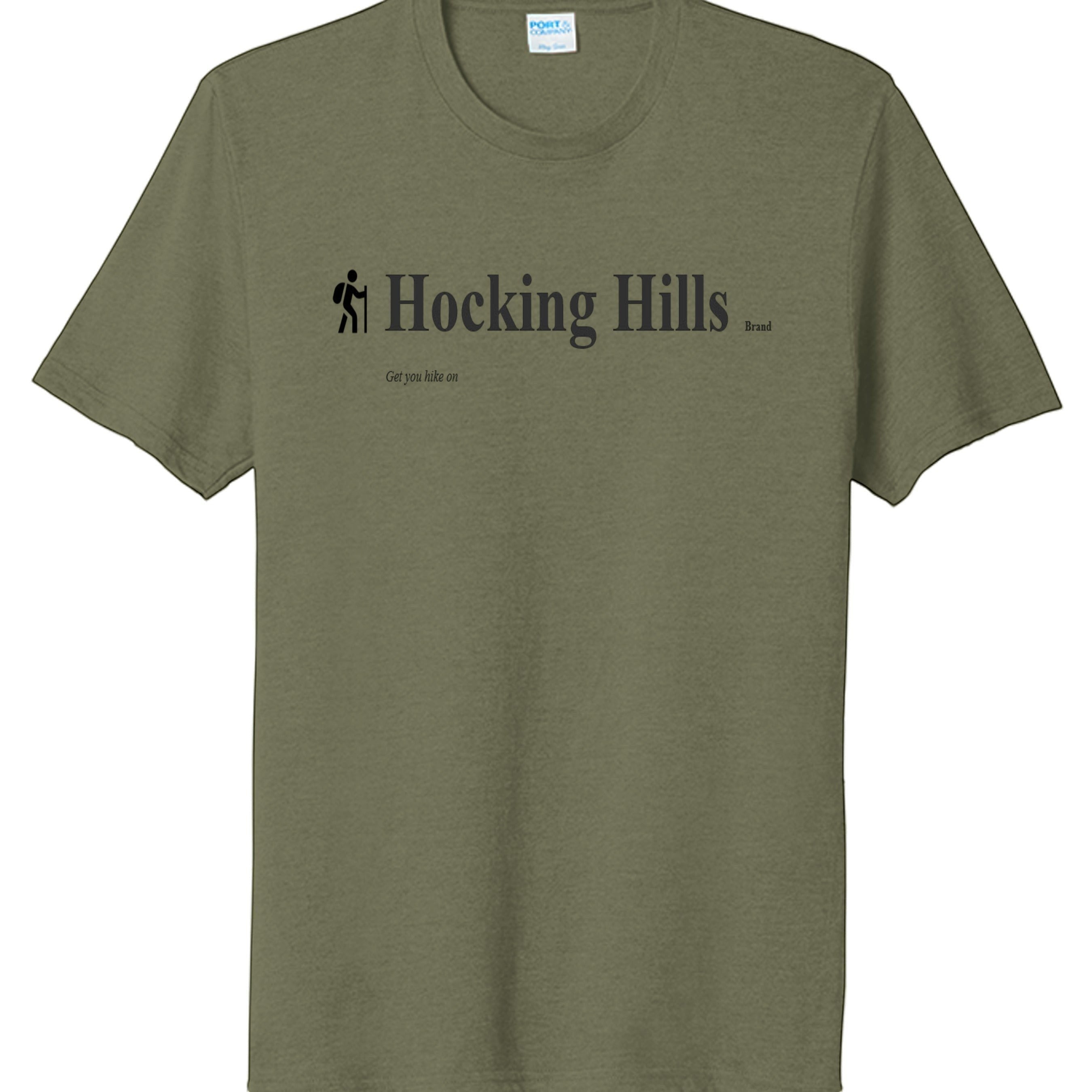 The Hocking Hills Store olive green tri-blend tee with "Hocking Hills Brand" and a hiking graphic. Lightweight, comfortable, and perfect for outdoor adventures.