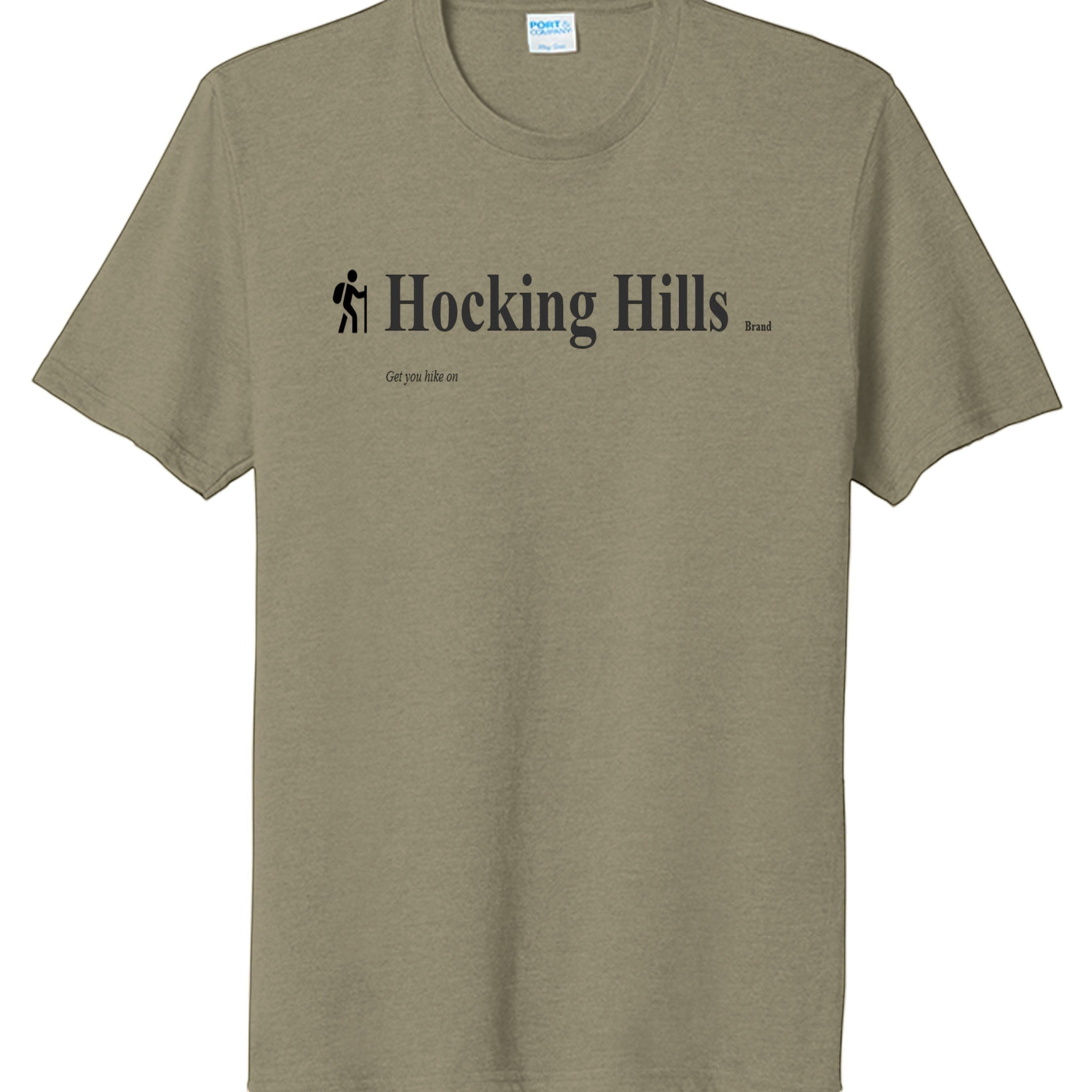 The Hocking Hills Store olive green tri-blend tee with a hiker graphic and "Hocking Hills Brand" text.