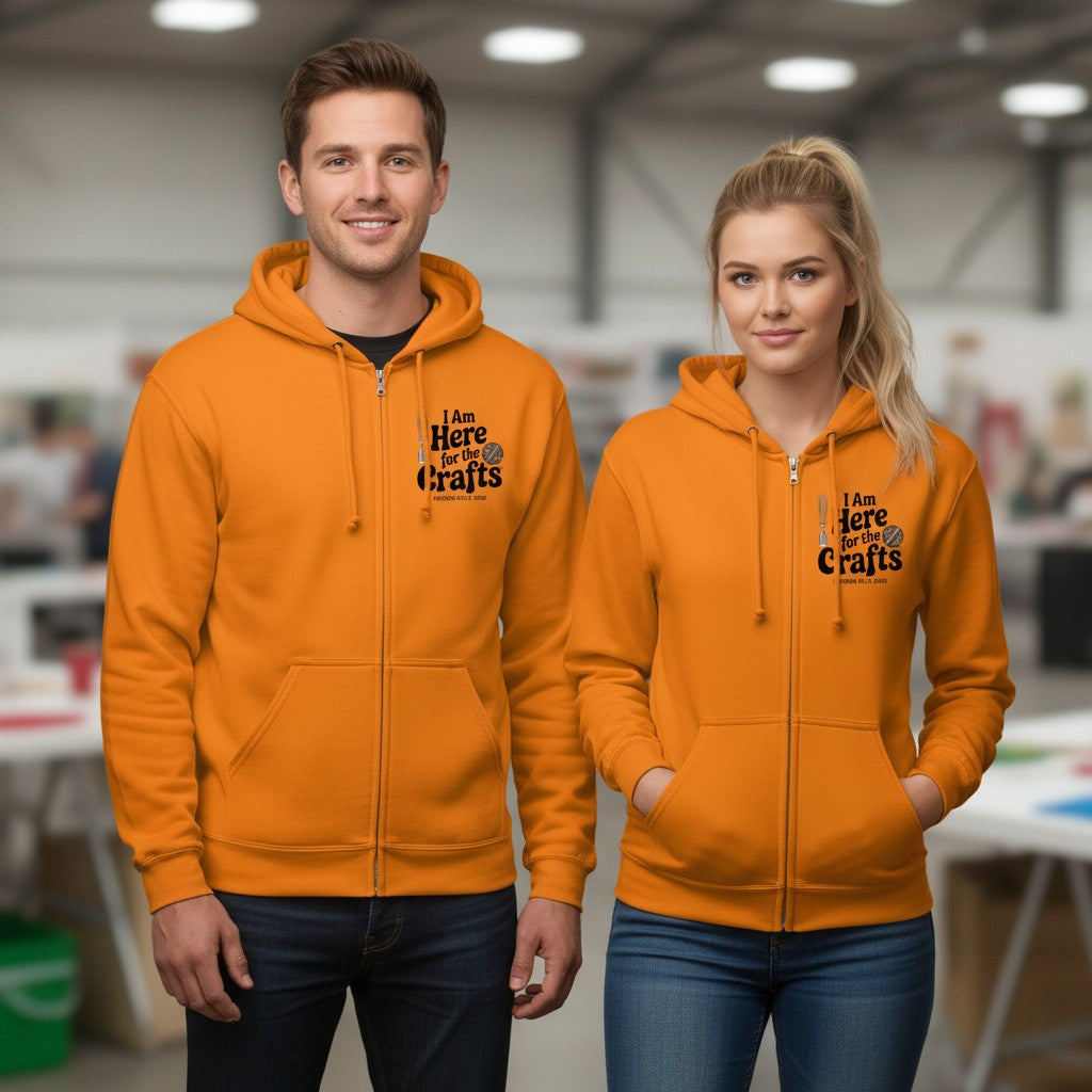 The Hocking Hills Store orange zip-up hoodie with "I Am Here for the Crafts" graphic and a YKK metal zipper.