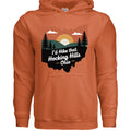 The Hocking Hills Store orange cotton blend hoodie with "I'd Hike That Hocking Hills - Ohio" graphic. Features a scenic mountain and sunset design.