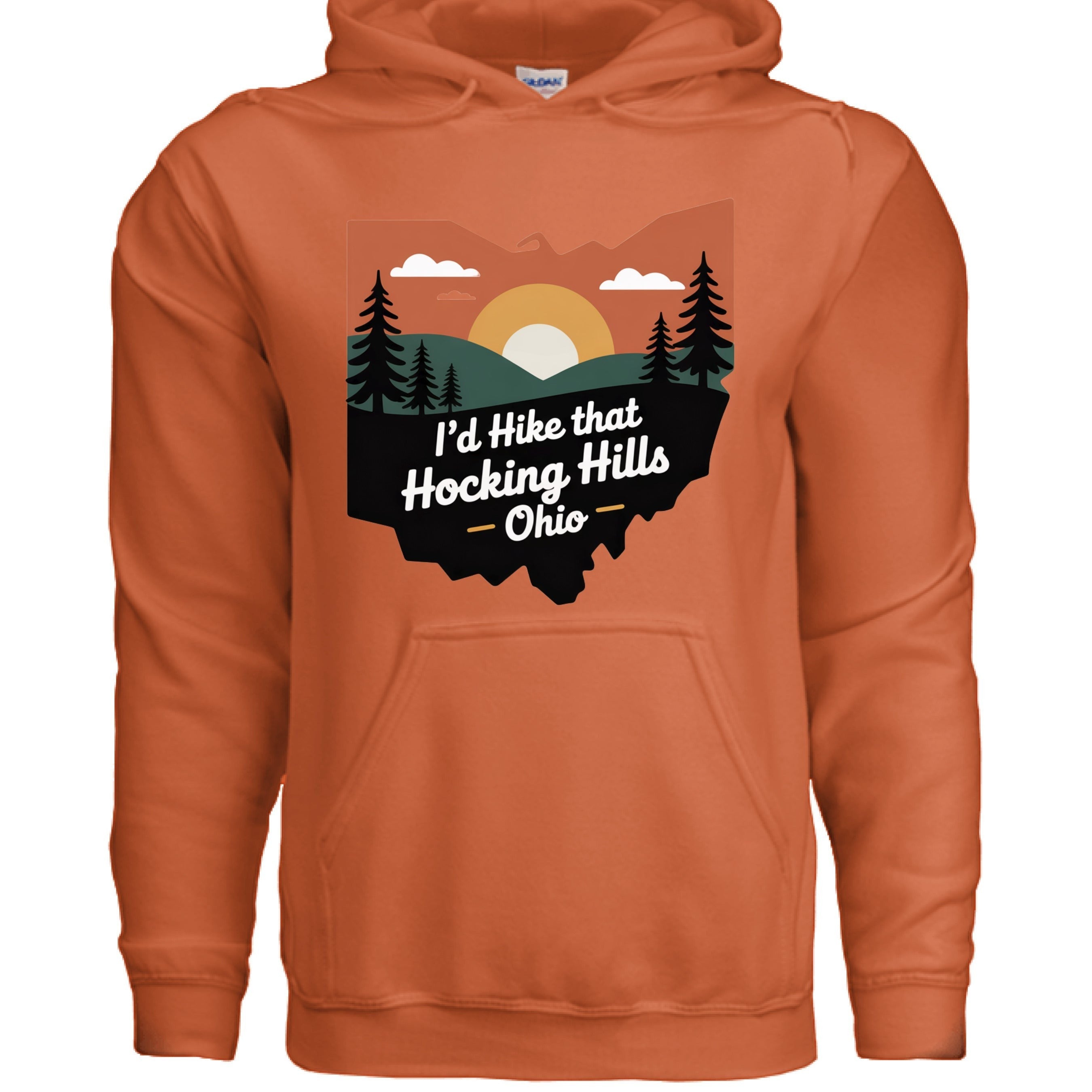 The Hocking Hills Store orange cotton blend hoodie with "I'd Hike That Hocking Hills - Ohio" graphic. Features a scenic mountain and sunset design.