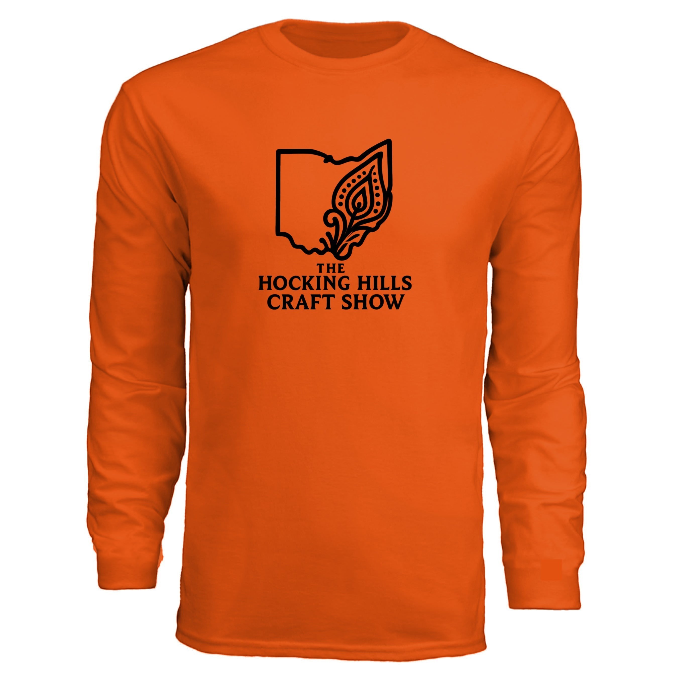 The Hocking Hills Store orange long-sleeve t-shirt with black Ohio outline and "The Hocking Hills Craft Show" graphic.