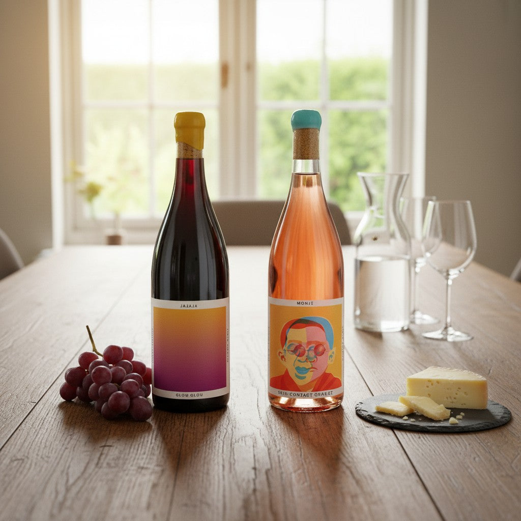 The Hocking Hills Store Orange Wine & Glou Glou bundle featuring a dark red wine and a pinkish-orange wine with artistic labels.