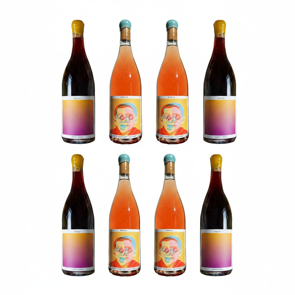 The Hocking Hills Store Orange Wine & Glou Glou bundle featuring a dark red wine and a pinkish-orange wine with artistic labels.