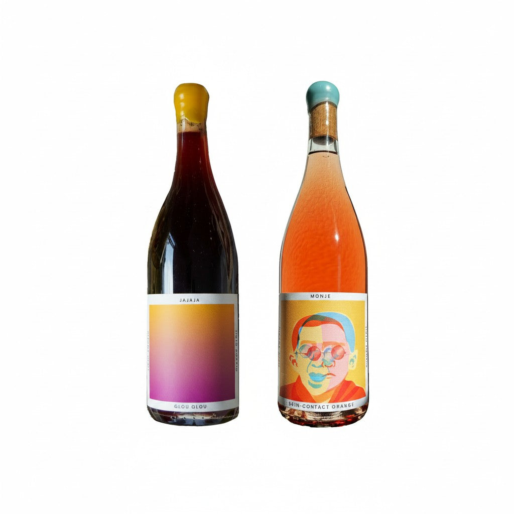 The Hocking Hills Store Orange Wine & Glou Glou bundle featuring a dark red wine and a pinkish-orange wine with artistic labels.