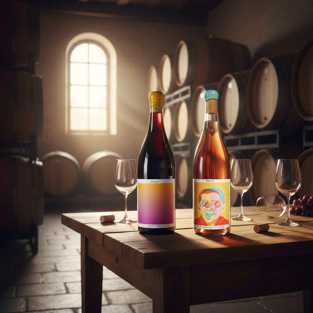 The Hocking Hills Store Orange Wine & Glou Glou bundle featuring a dark red wine and a rose-colored orange wine.