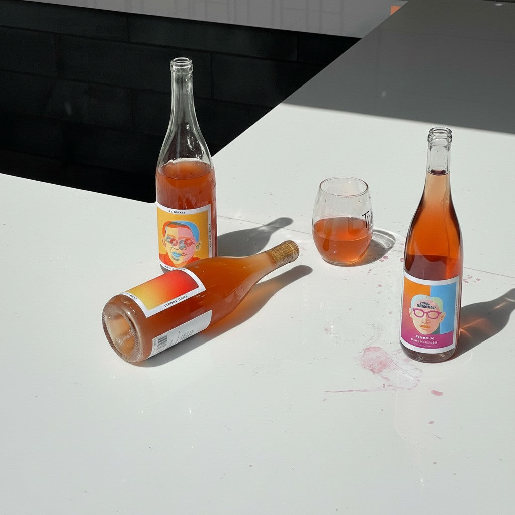 The Hocking Hills Store orange wine sampler with two bottles and a glass on a white surface.