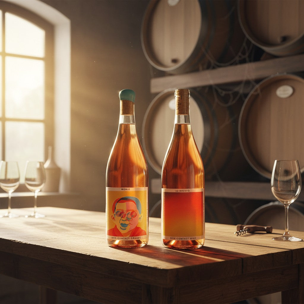 The Hocking Hills Store Orange Wine Sampler featuring two bottles: Monje Skin-Contact Orange Wine and '22 Bheeyo Skin-Contact Wine.