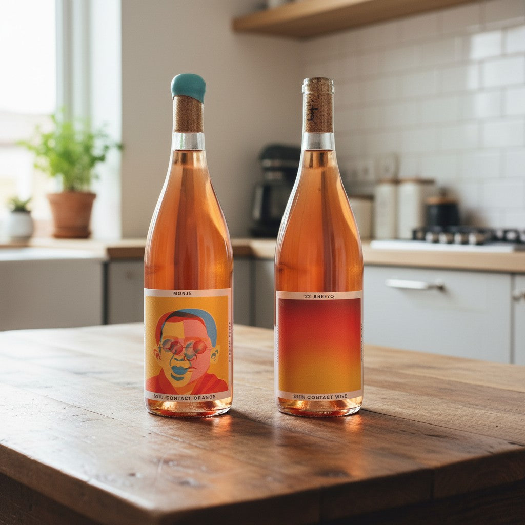 The Hocking Hills Store Orange Wine Sampler featuring two bottles: Monje Skin-Contact Orange Wine and '22 Bheeyo Skin-Contact Wine.