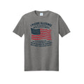 The Hocking Hills Store grey crew neck t-shirt featuring a patriotic American flag and Pledge of Allegiance graphic.