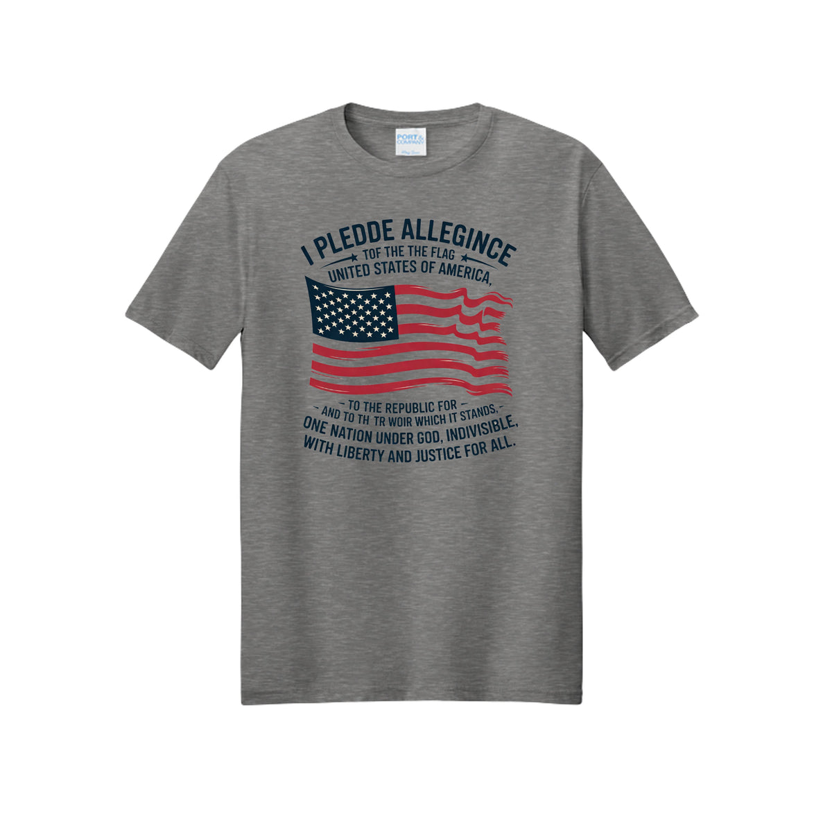 The Hocking Hills Store grey crew neck t-shirt featuring a patriotic American flag and Pledge of Allegiance graphic.