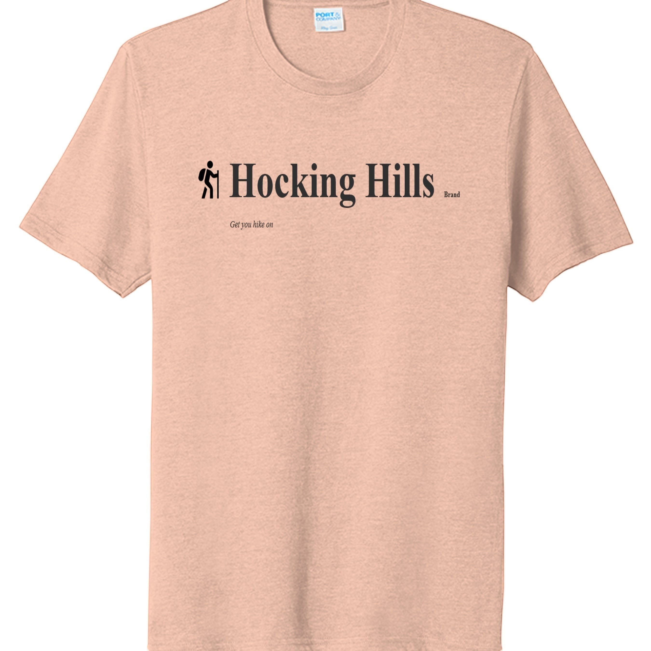 The Hocking Hills Store Brand peach tri-blend tee with a hiker graphic and text "Hocking Hills Brand Get you hike on".