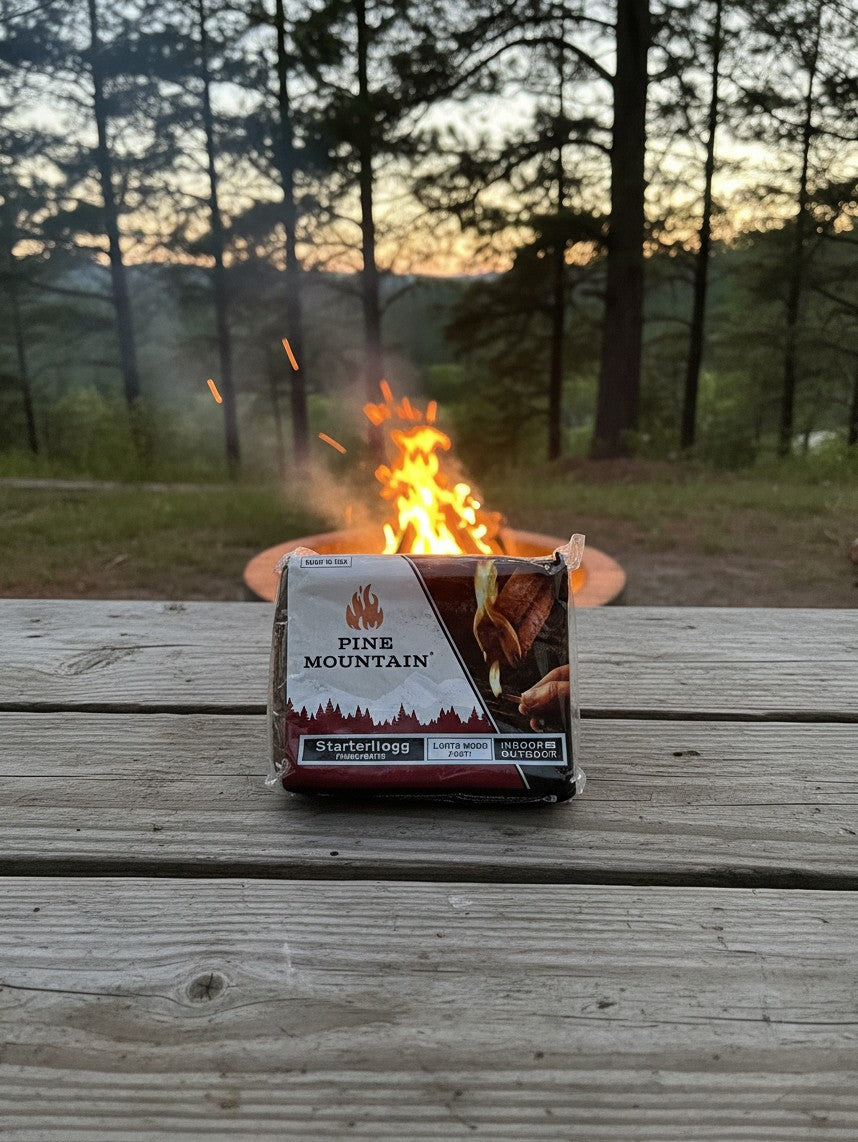 The Hocking Hills Store Pine Mountain Starter Log on a wooden table with a campfire burning in the background