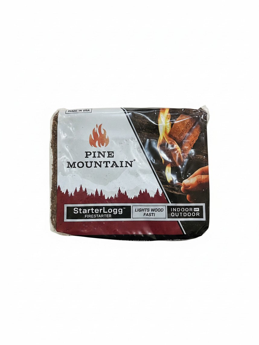 The Hocking Hills Store Pine Mountain Starter Log in plastic packaging for indoor and outdoor fire starting