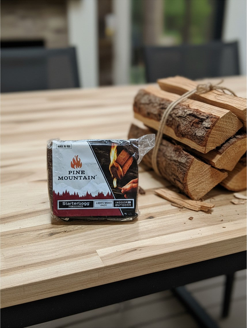 The Hocking Hills Store Pine Mountain starter log in plastic packaging next to a bundle of firewood on a wooden table.
