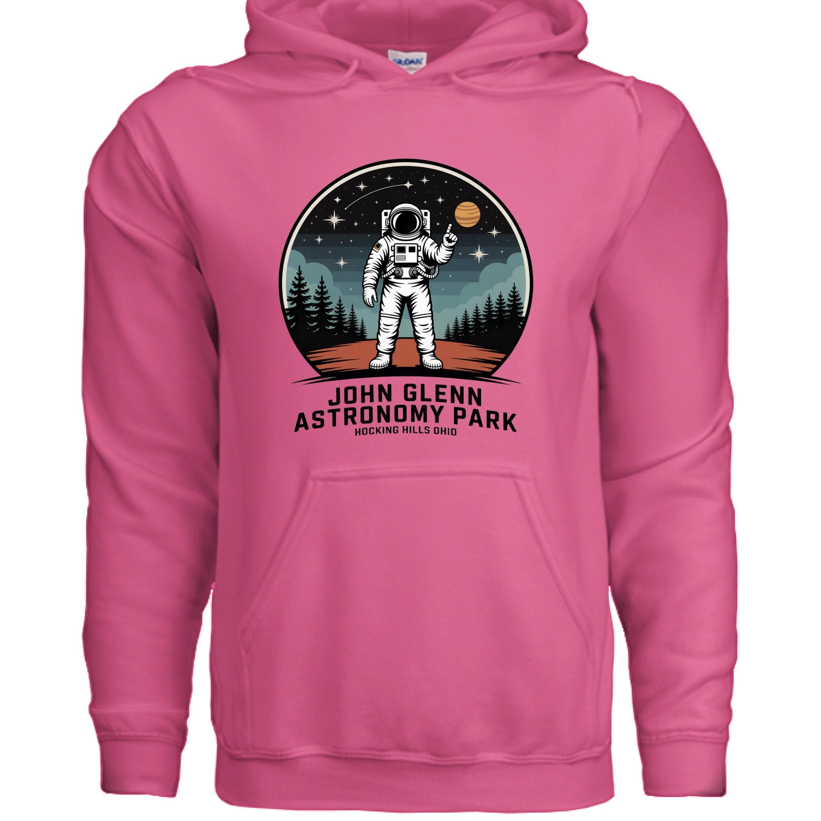 The Hocking Hills Store pink cotton blend hoodie with John Glenn Astronomy Park astronaut graphic. Features a pouch pocket and drawstring hood.