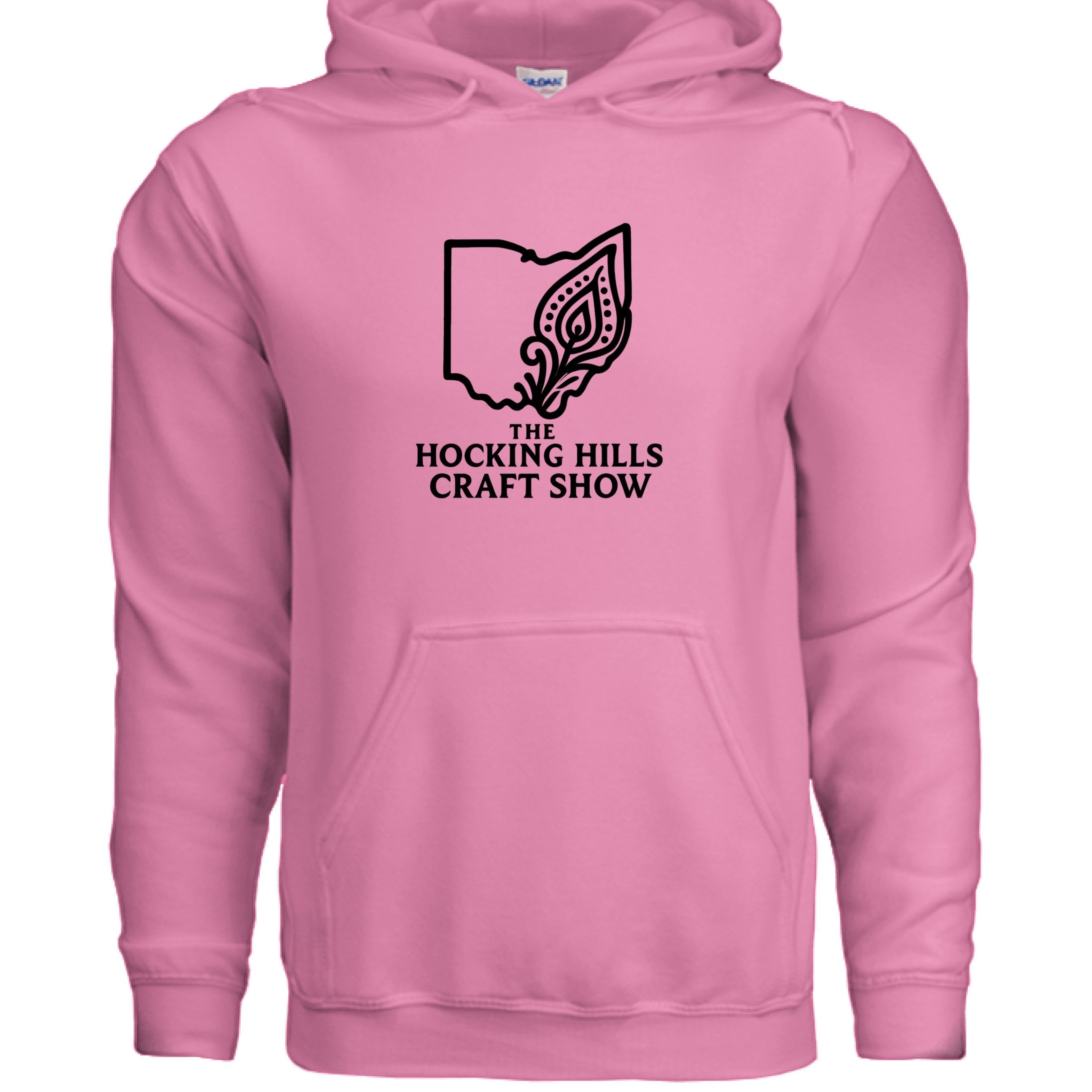 The Hocking Hills Store pink cotton blend hoodie with 'The Hocking Hills Craft Show' logo on the front.