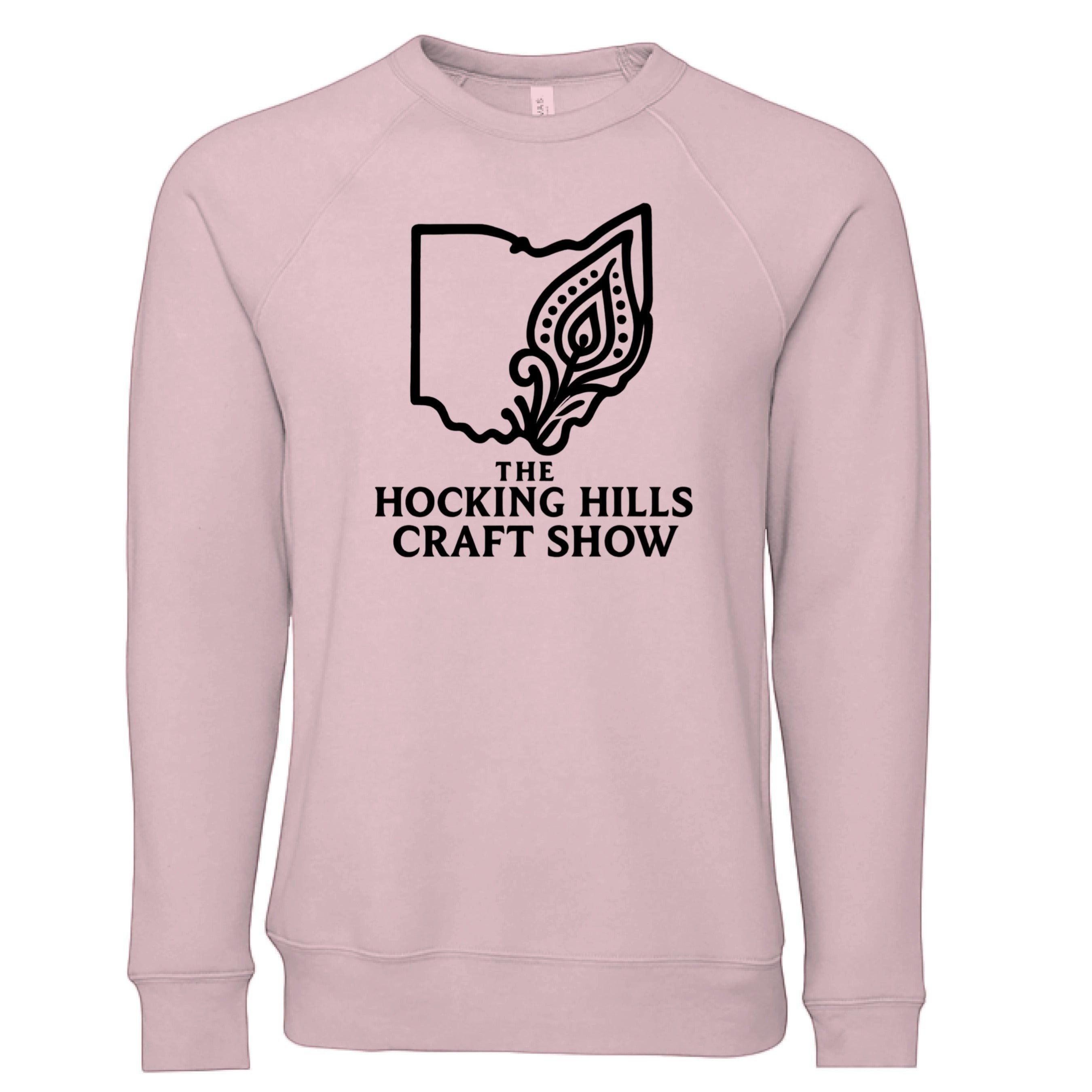 The Hocking Hills Store pink unisex sponge fleece crew neck sweatshirt with Ohio outline and decorative leaf graphic.
