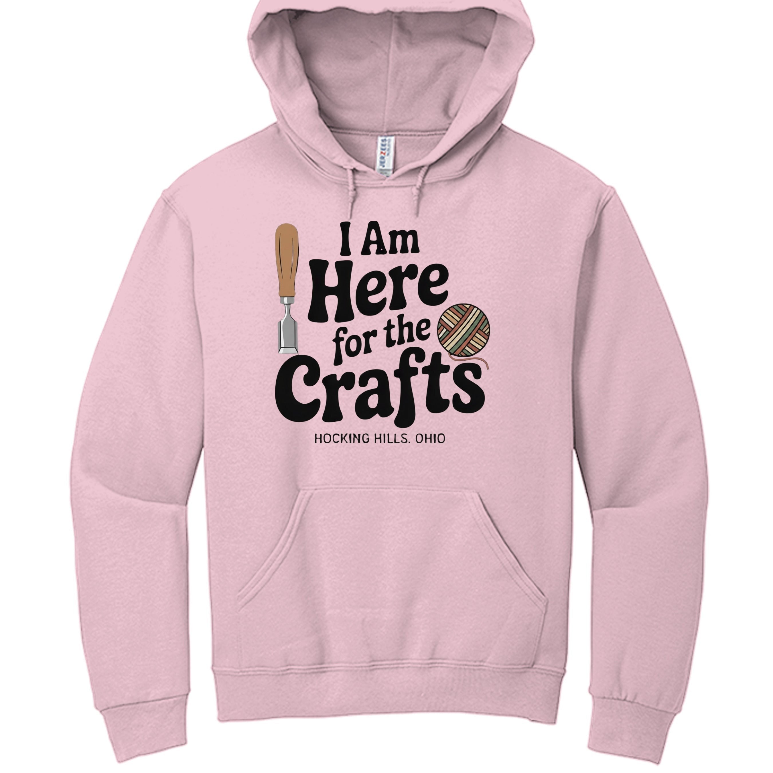 The Hocking Hills Store pink pullover hoodie with "I Am Here for the Crafts" graphic and Hocking Hills, Ohio text.