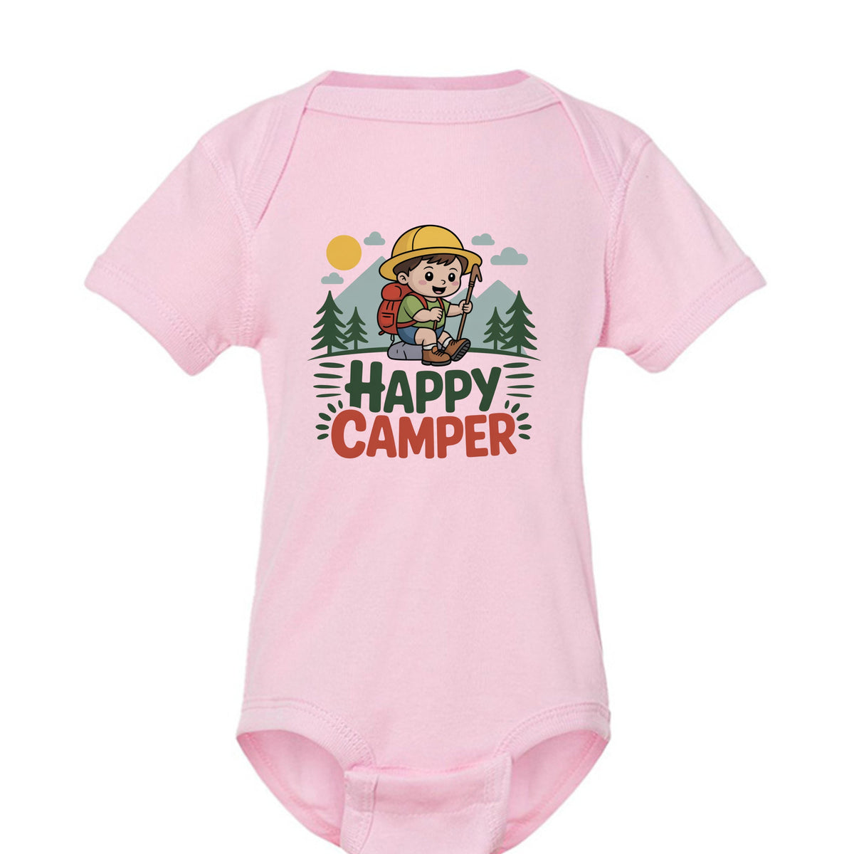 The Hocking Hills Store light pink infant bodysuit with a Happy Camper graphic featuring a cartoon hiker in nature.