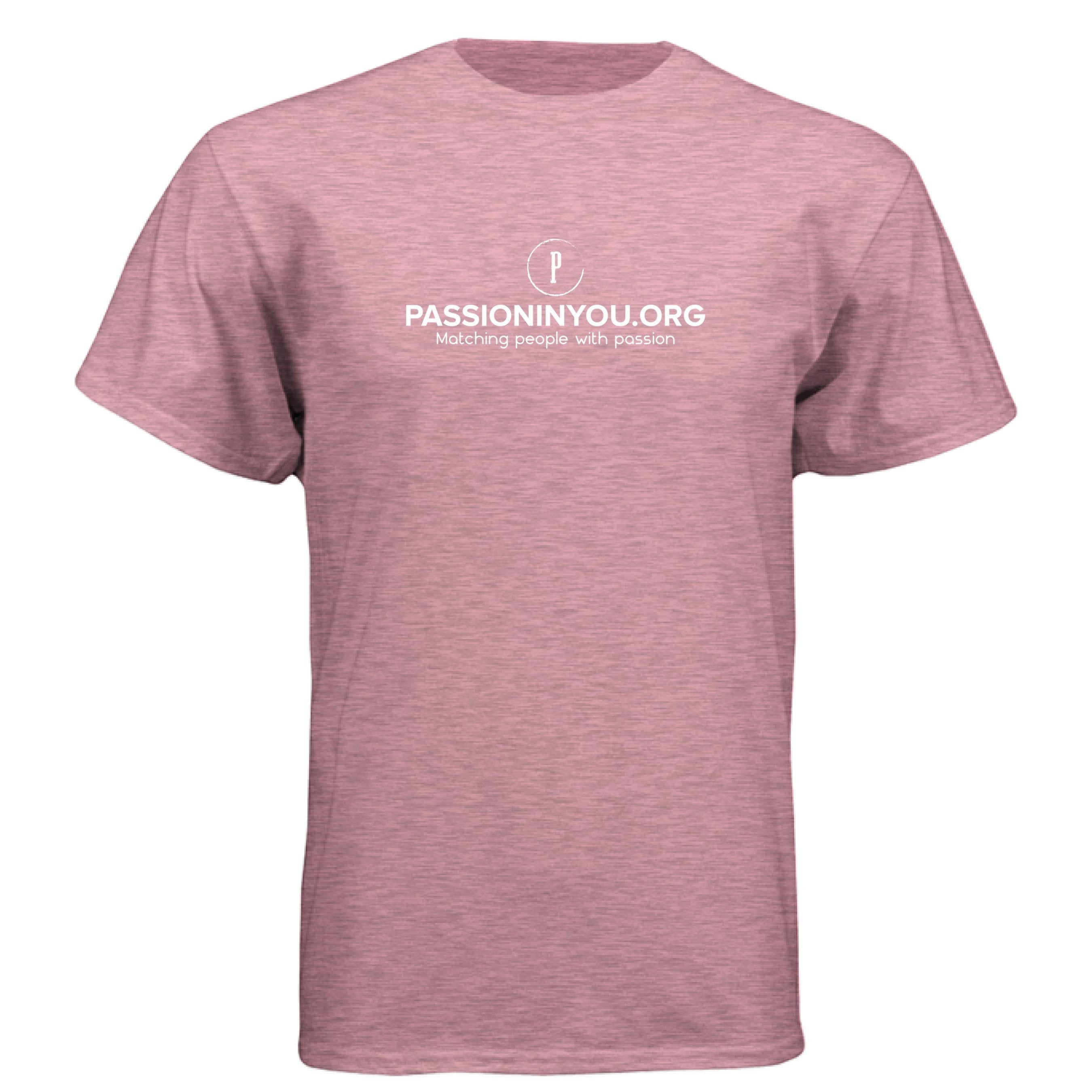The Hocking Hills Store pink heathered CVC blend short-sleeve t-shirt with PassionInYou.org logo.